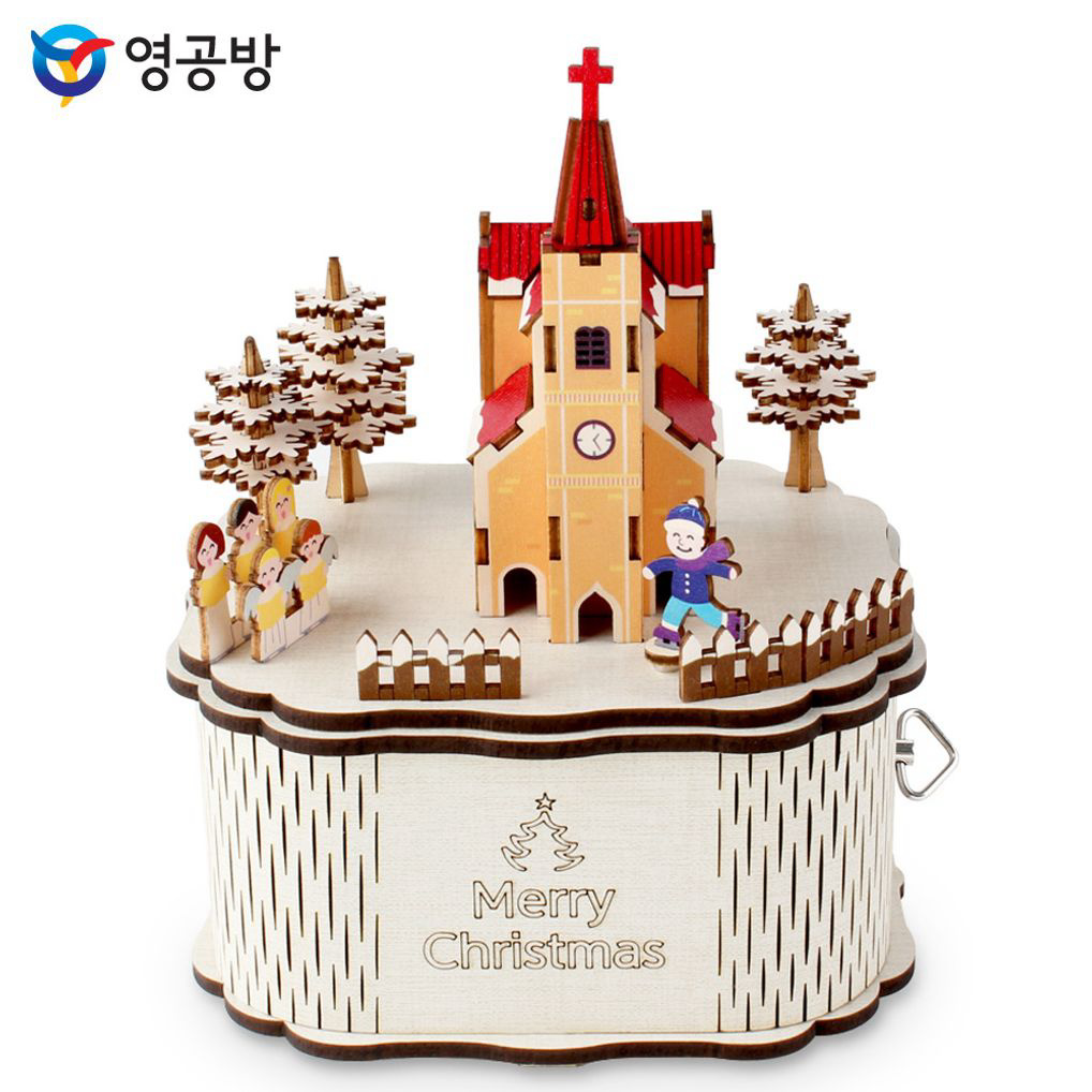 회전 우드오르골 메리크리스마스 교회 (컬러)