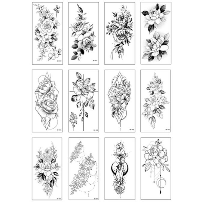 흑백 대형 타투스티커 12종세트 장미 꽃 여름 패션
