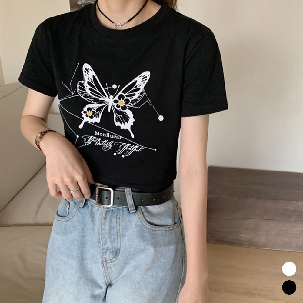 나비프린팅 크롭 반팔 티셔츠 LM-0429