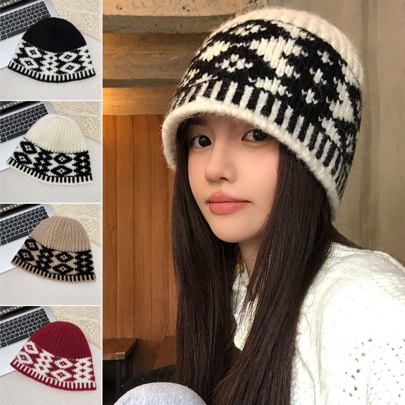 털모자 겨울 방한 패션 벙거지 니트 클래식 마름모무늬 비니모자