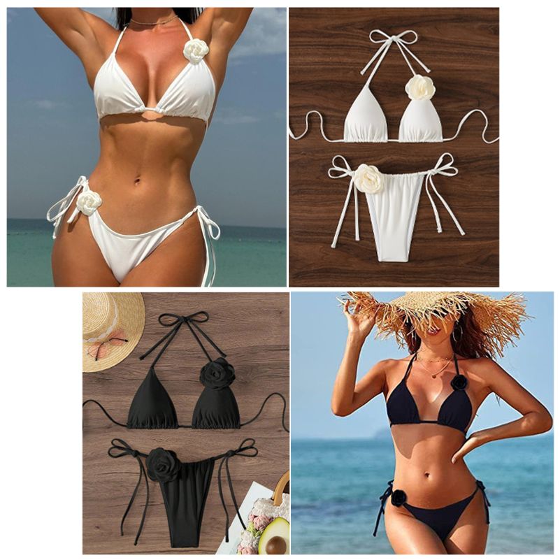 유럽 삼각 끈 플라워 브라탑 노와이어 비키니 수영복 세트