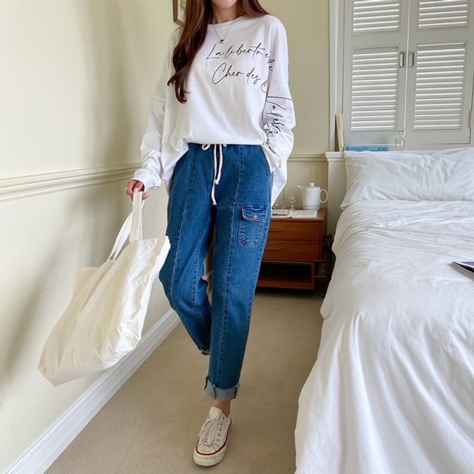 온나핏 요르나 허리밴딩 밑단 컷팅 데님팬츠