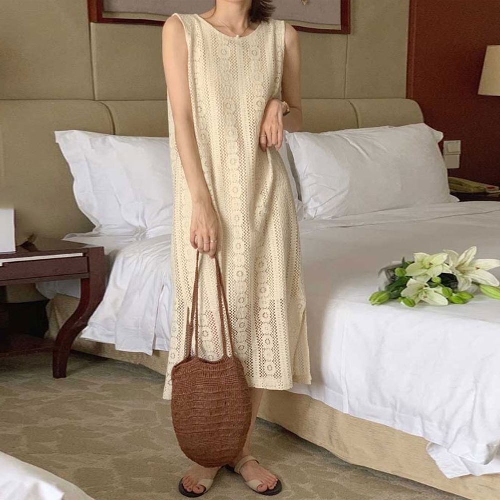 여성 내추럴 펀칭 레이스 나시 롱 원피스