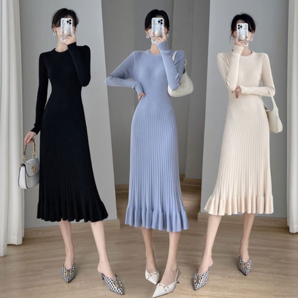 여성 슬림 골지 플레어 니트 롱 원피스