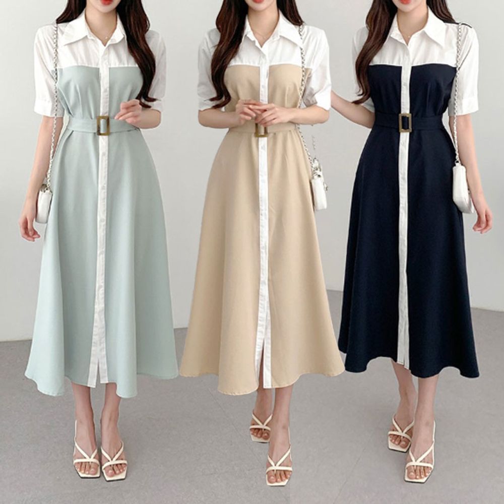 여성 클래식 배색 벨트 셔츠 원피스