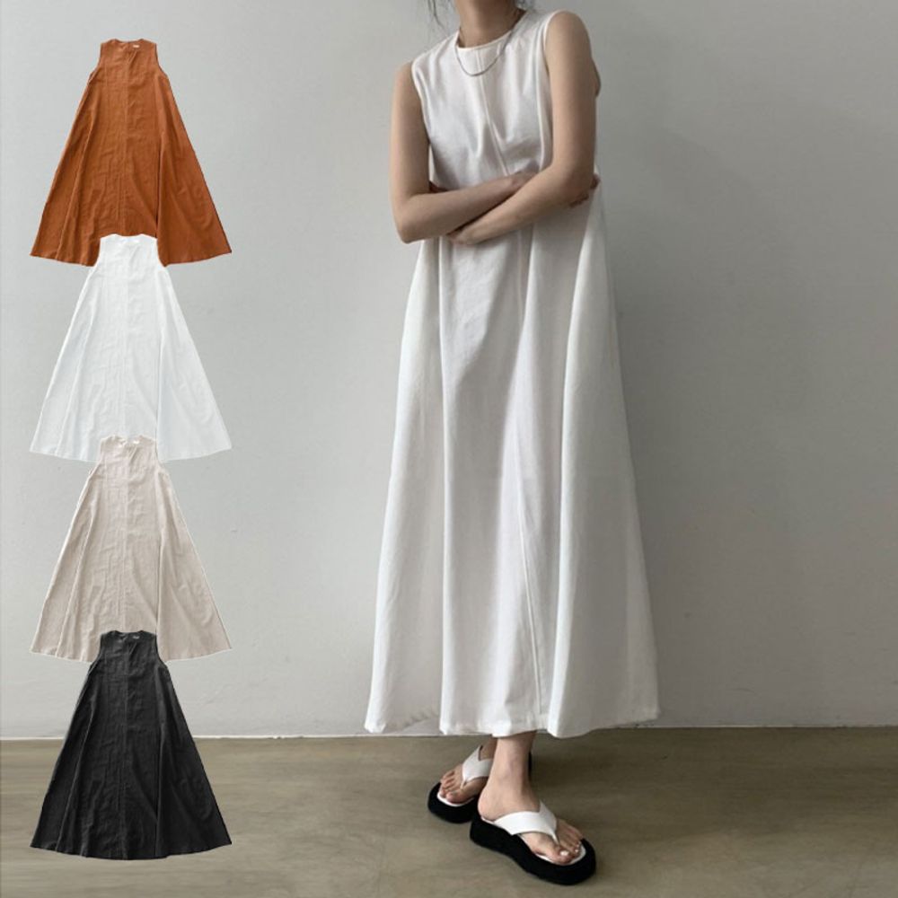 여성 여유핏 라운드넥 민소매 롱 원피스