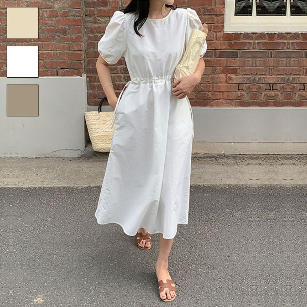 여성 편안한 핏 퍼프소매 롱 원피스