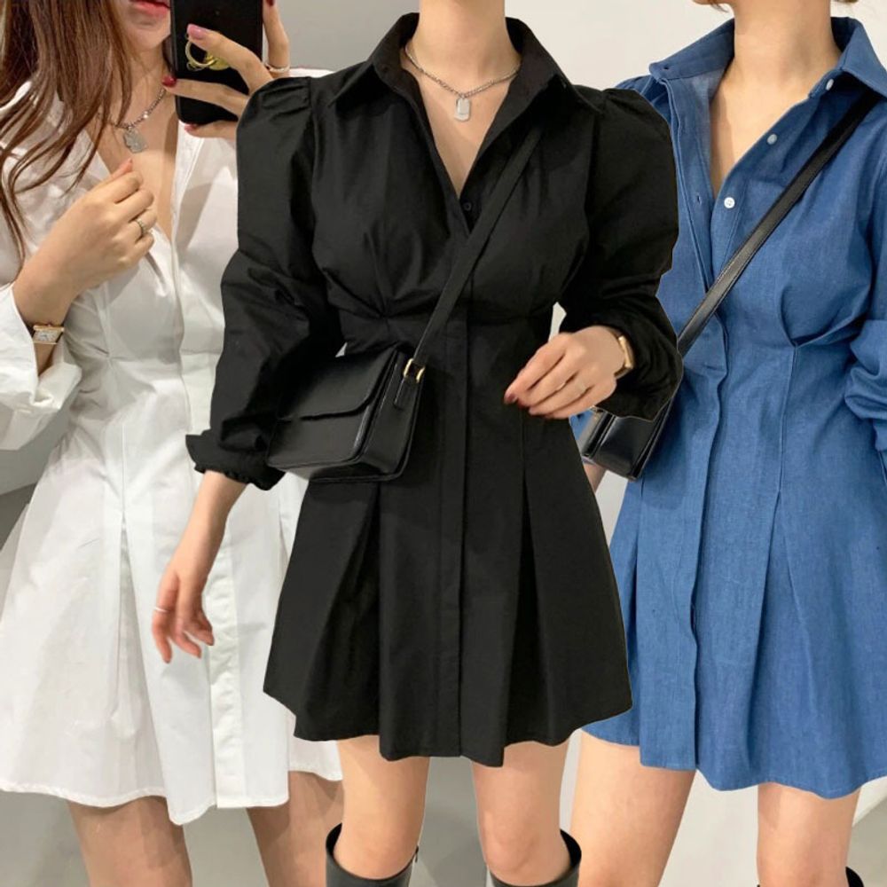 여성 입체 핀턱 볼륨 셔츠형 미니 원피스