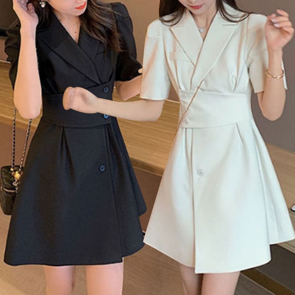 하객룩 사선 포인트 더블버튼 원피스