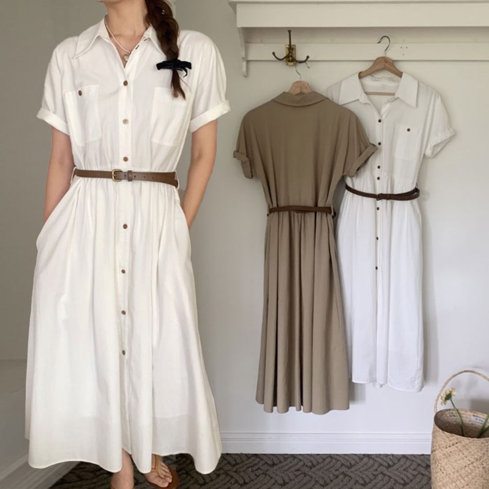 여성 허리 벨트 포인트 셔츠 롱 원피스