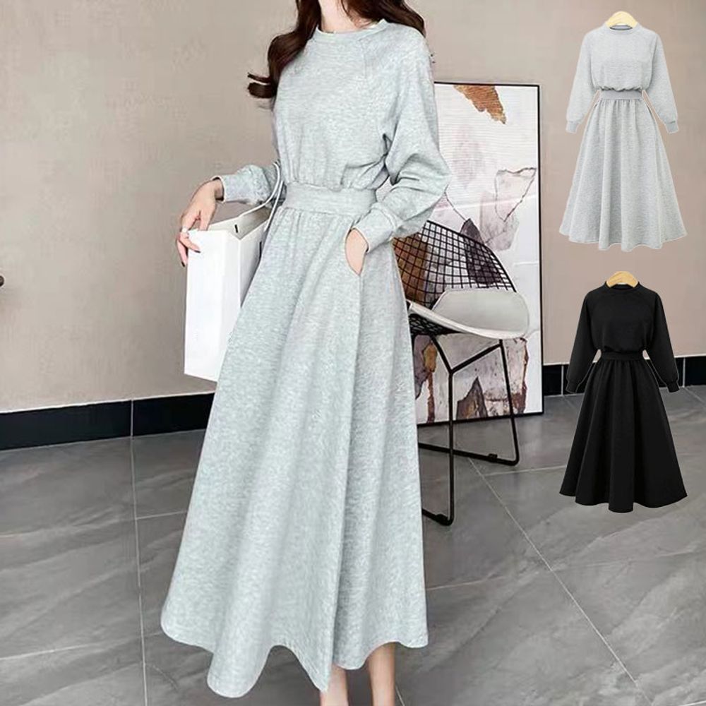 여성 허리밴딩 저지 플레어 롱 원피스