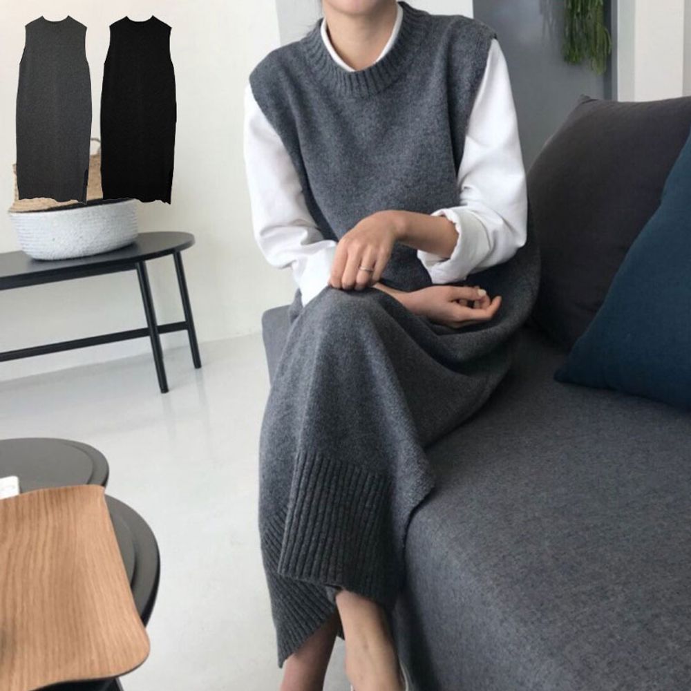 여성 라운드넥 루즈 롱 니트 원피스