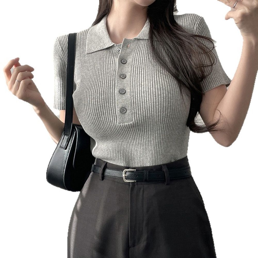 여성 베이직 카라 버튼 반팔 니트