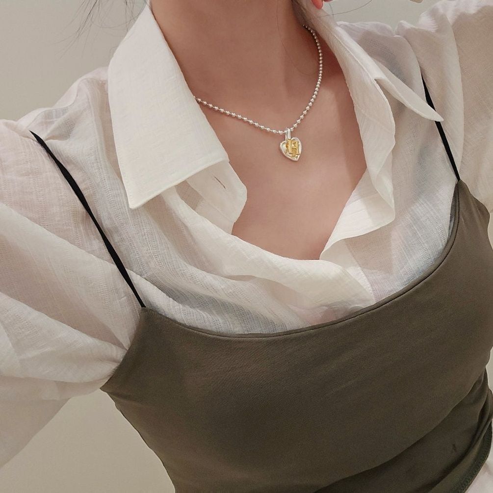 S777 여성 H 하트 투톤 하트 팬던트 군번줄 목걸이 유니크 은목걸이 실버925
