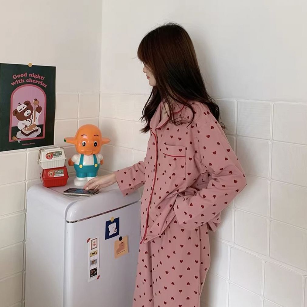 잠옷 하트 파자마 긴팔 수면 여성 홈웨어