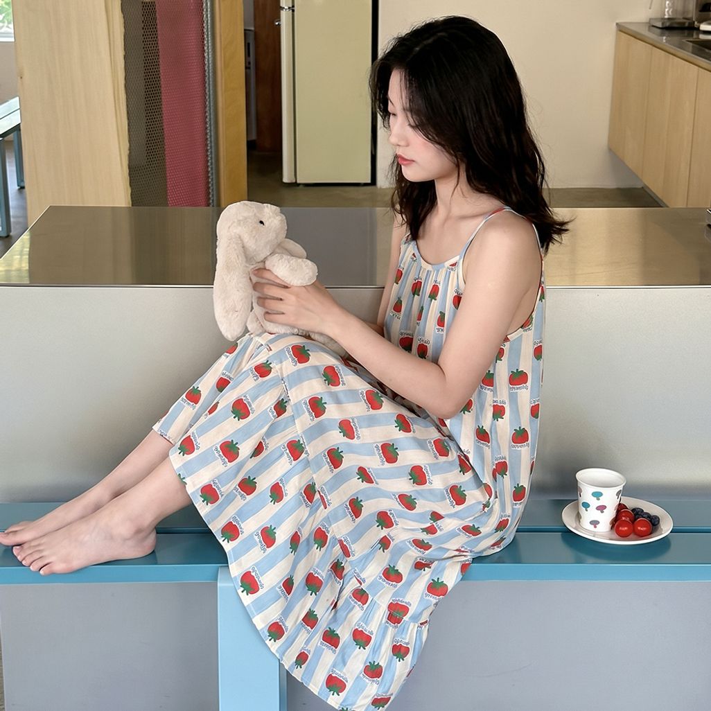 롱 순면 어깨조절 끈나시 민소매 멋쟁이 토마토 원피스 홈드레스 잠옷