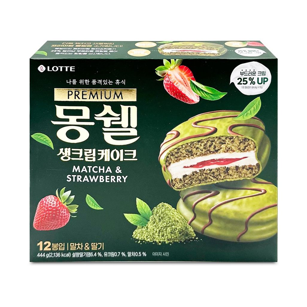 롯데 프리미엄 몽쉘 생크림 케이크 말차앤 딸기 444g